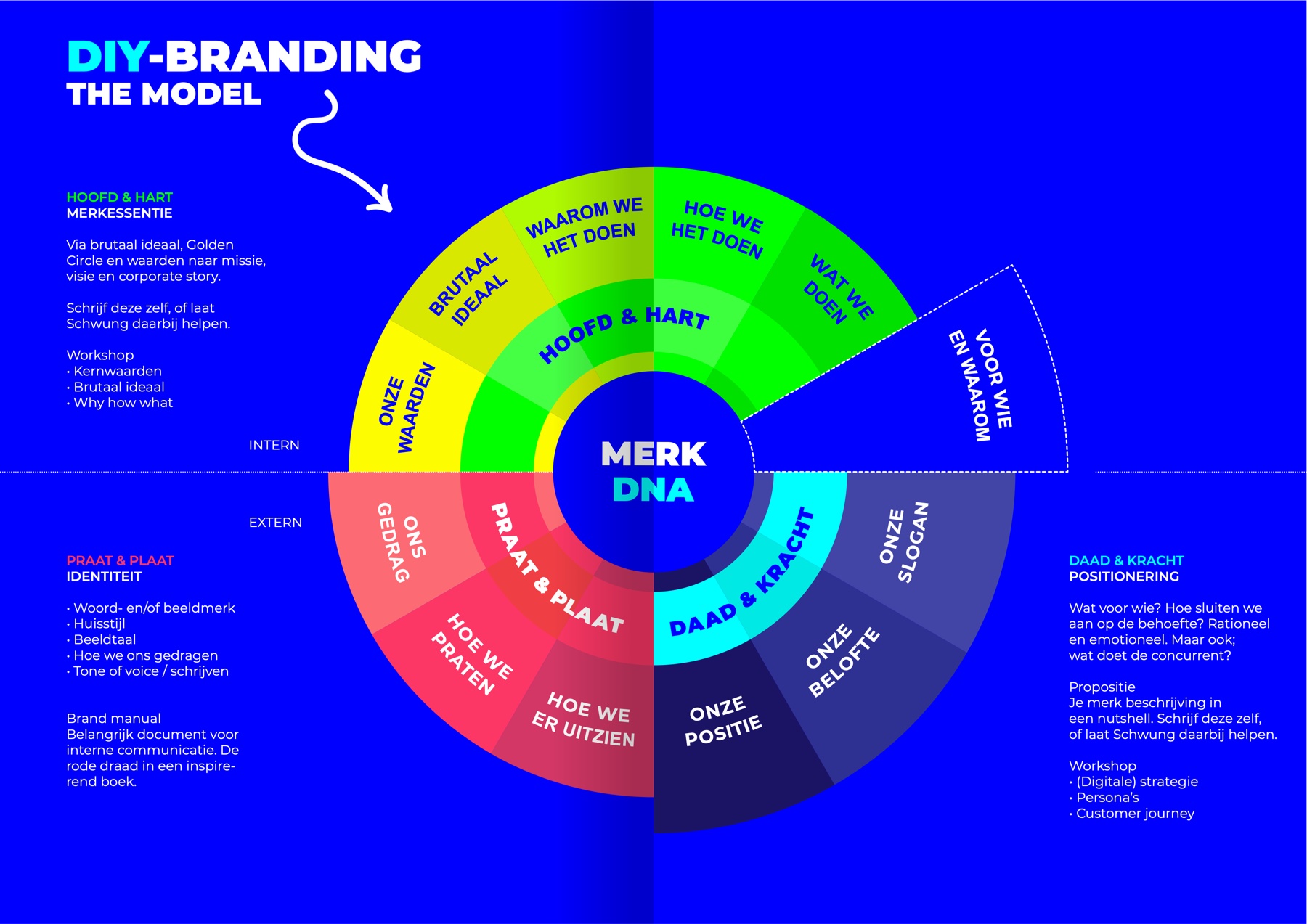 Het Schwung DIY-Branding model: een wiel met in de kern het Merk-DNA, en daaromheen de lagen Hoofd & hart (merkessentie), Praat & plaat (identiteit) en Daad & kracht (positionering), met toelichting per laag.